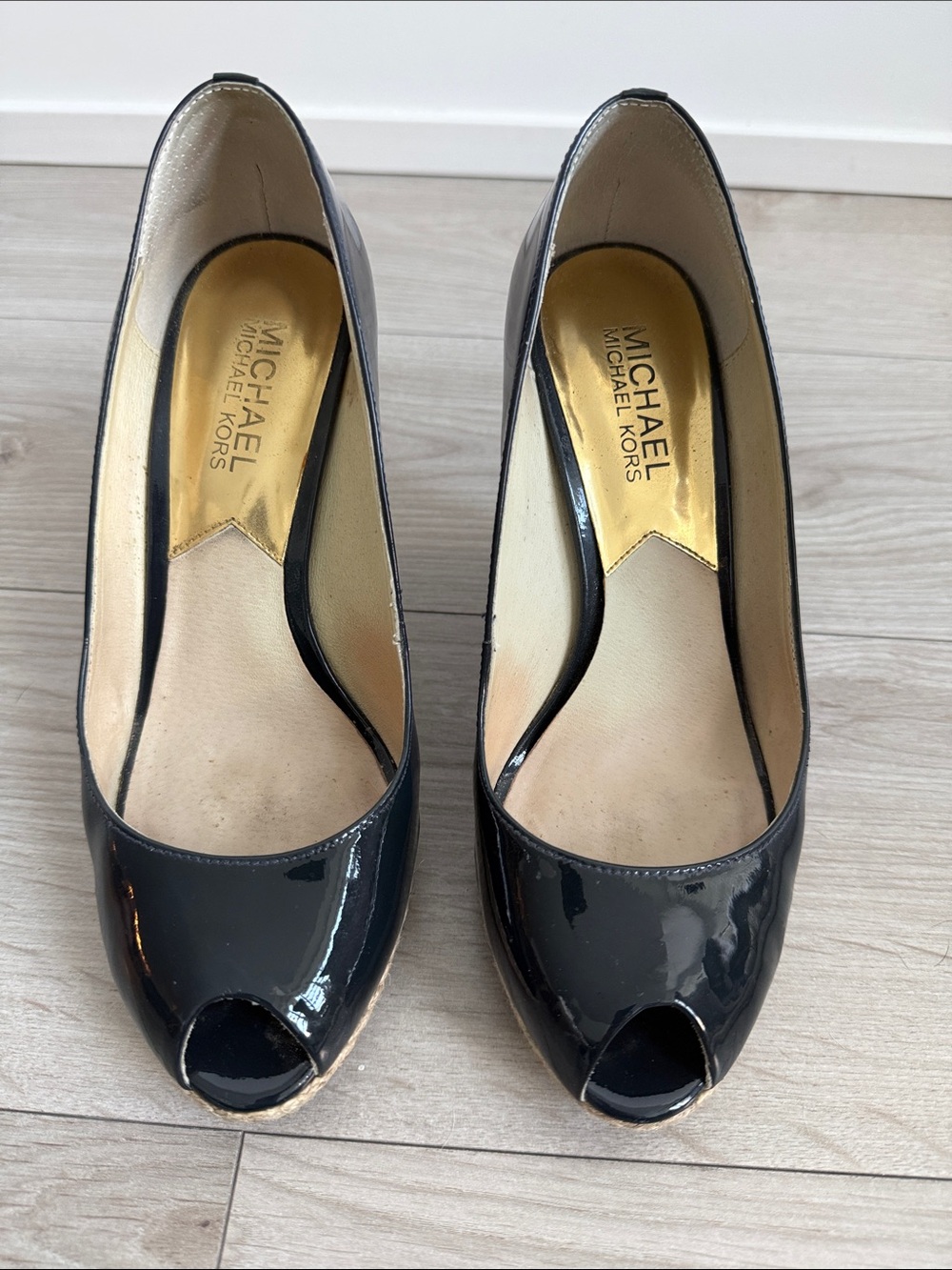 MICHAEL Michael Kors Navy Patent Peep-Toe Wedge Heels - Size 6.5